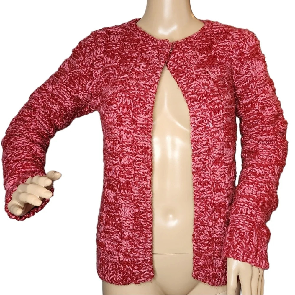 Handmade knit cardigan sweater. Pink/Red.